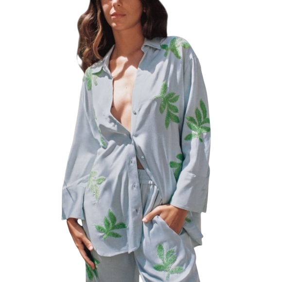 Zara Blue & Green Beaded Blouse Top Size XS - Picture 1 of 5